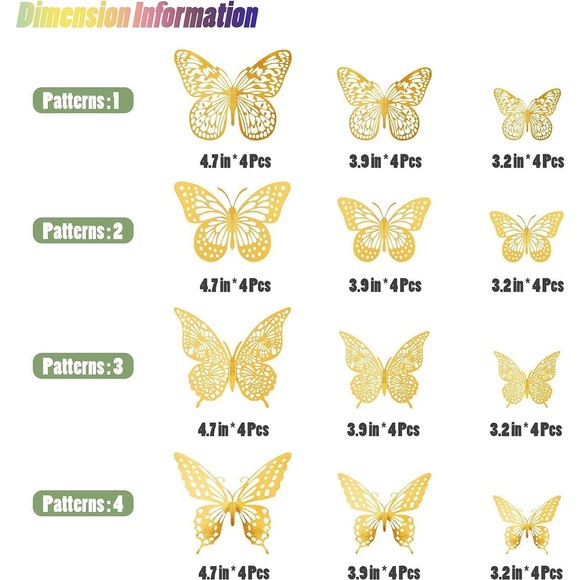 NEW 3D Metallic Butterfly Wall Decor 48 Pcs 4 Styles 3 Size Gold Butterfly Decor - Picture 6 of 16